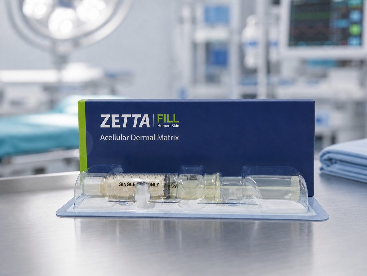 ZETTA FILL Human Skin — Acellular Dermal Matrix 제품 박스 및 시린지